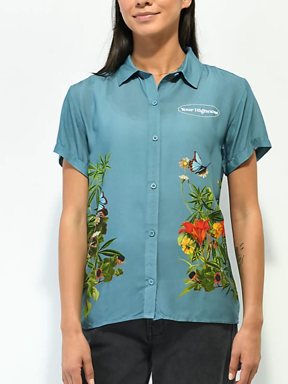 Your Highness Botanical Blue Short Sleeve Button Up Shirt